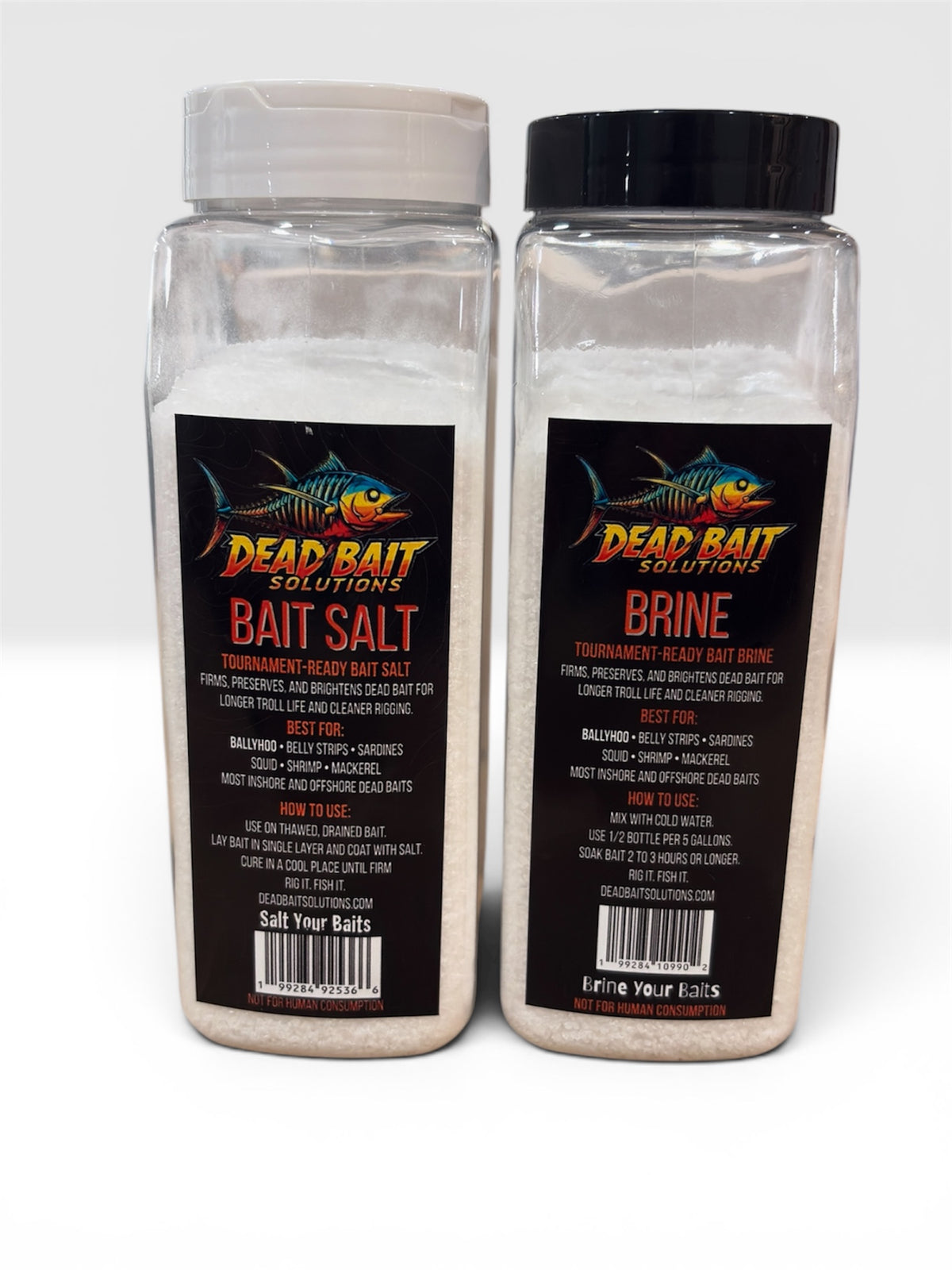 Dead Bait Solutions Bait Salt and Brine products for preserving ballyhoo and other dead bait, displayed on a white background.